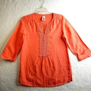Lands End Shirt Womens 6‎ Petite Linen Tunic Orange 3/4 Sleeves V Neck Lace